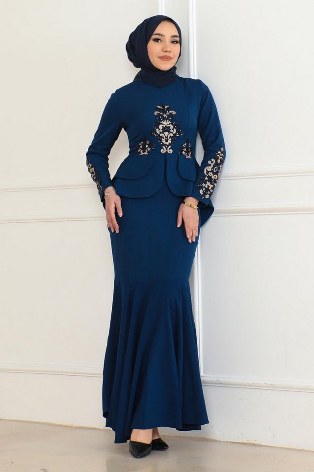MODAMİHRAM Abendkleid Indigo gemustertes Fischkleid 6144 von MODAMİHRAM