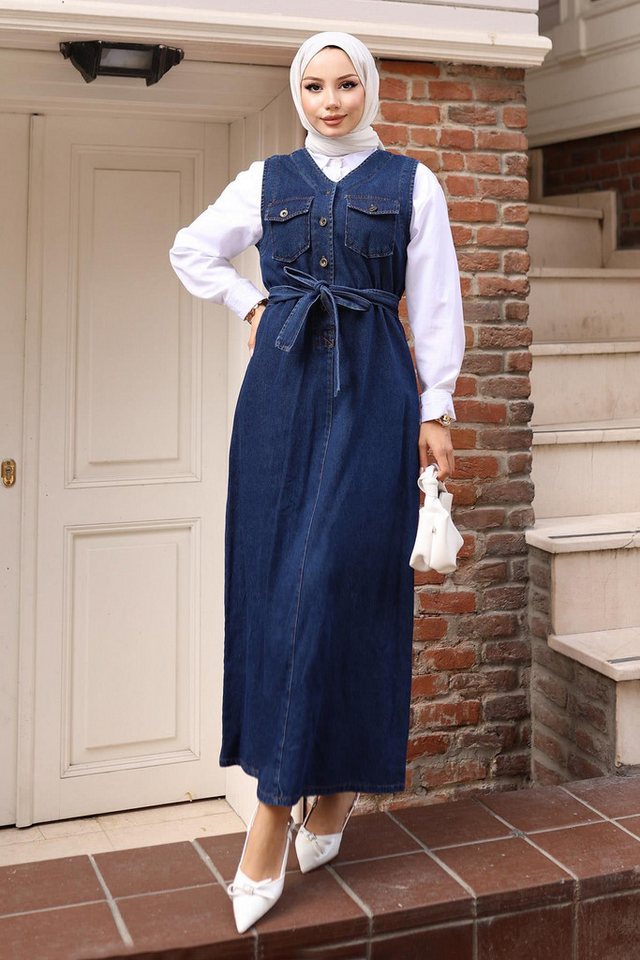 MODAMİHRAM Maxikleid Blaue Denim-Jumpsuit mit Gürteldetail - Stil 19246 von MODAMİHRAM