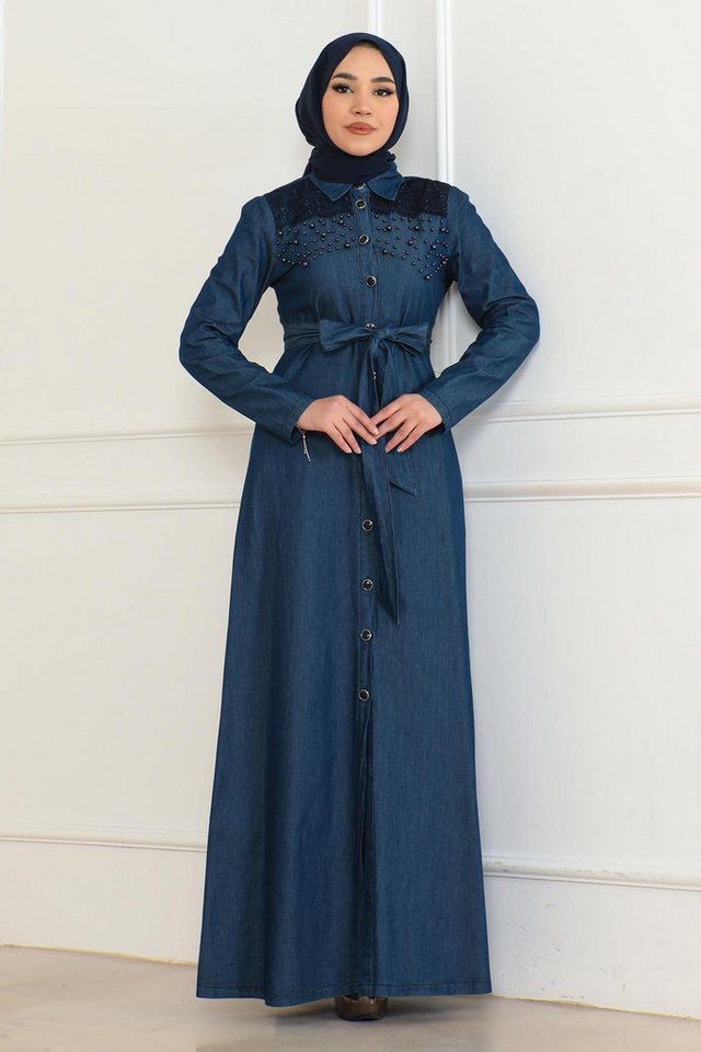 MODAMİHRAM Maxikleid Dunkelblaues Jeanskleid mit Perlen - 6138 von MODAMİHRAM