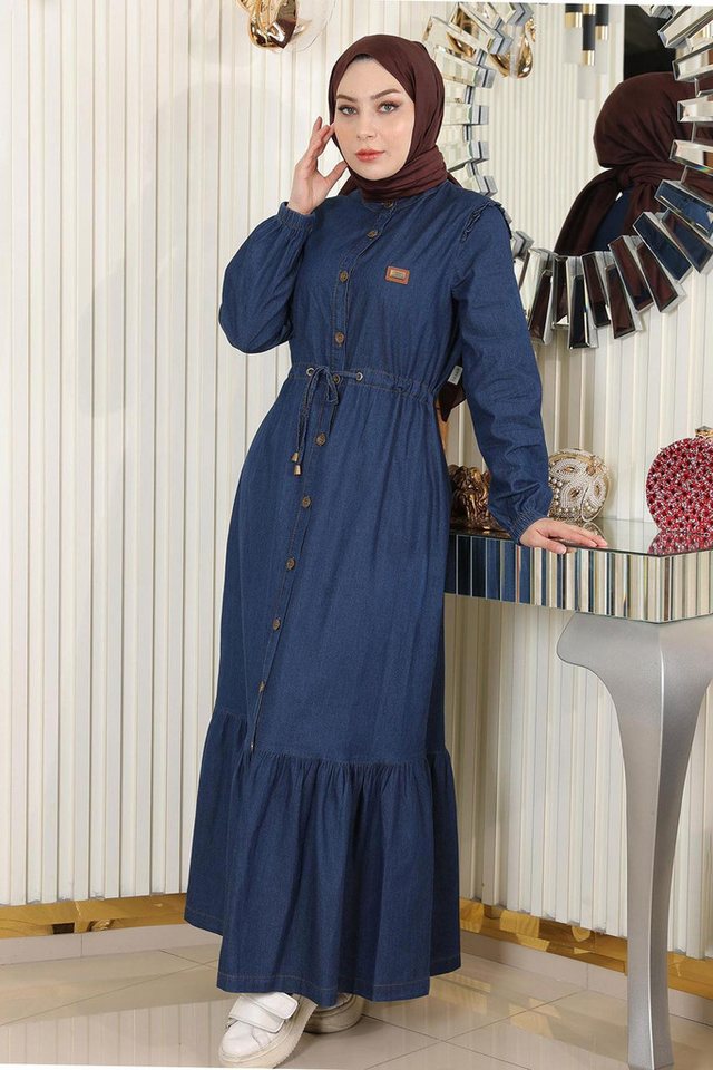 MODAMİHRAM Maxikleid Geknöpftes Jeanskleid mit Spitzentaille von MODAMİHRAM