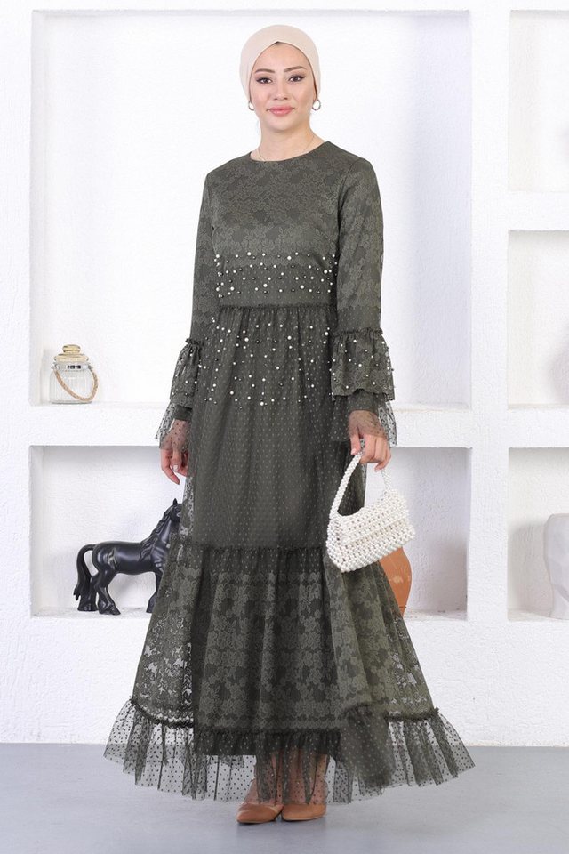 MODAMİHRAM Midikleid Perlen Spitze Rüschen Ärmel Abendkleid von MODAMİHRAM