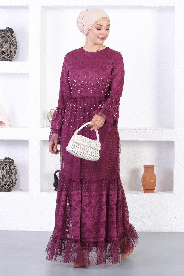 MODAMİHRAM Midikleid Perlen Spitze Rüschen Ärmel Abendkleid von MODAMİHRAM