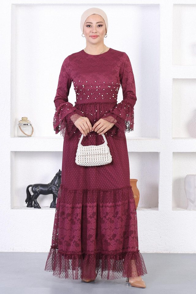 MODAMİHRAM Midikleid Perlen Spitze Rüschen Ärmel Abendkleid von MODAMİHRAM