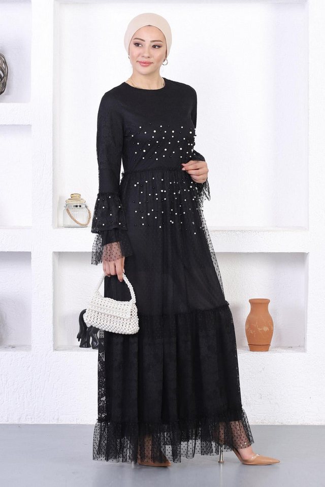 MODAMİHRAM Midikleid Perlen Spitze Rüschen Ärmel Abendkleid von MODAMİHRAM