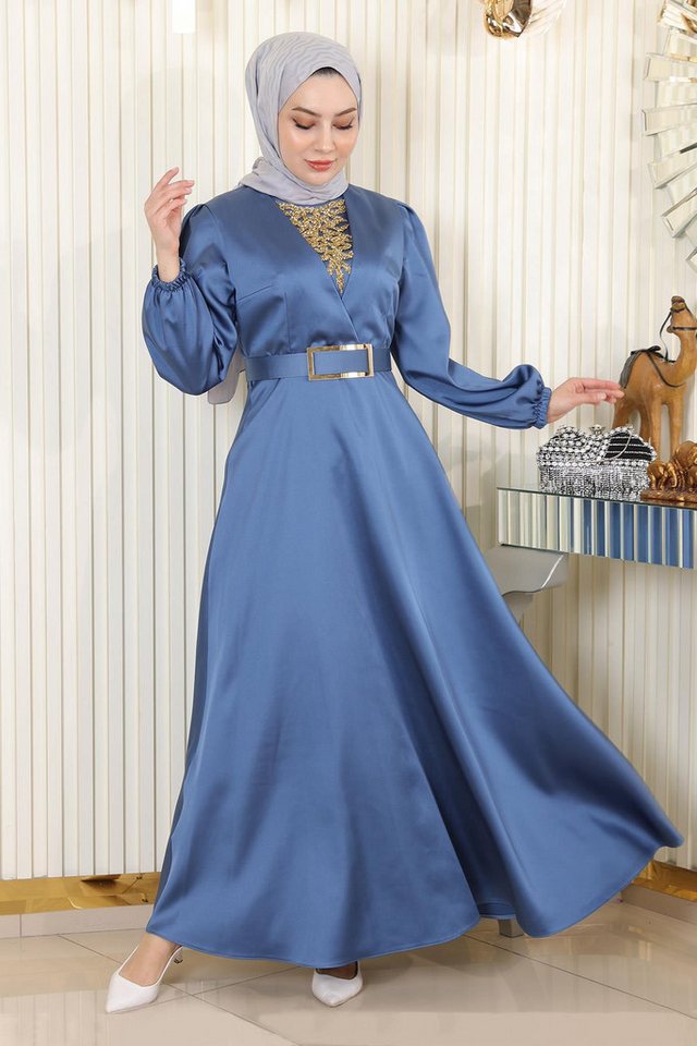 MODAMİHRAM Midikleid Steinverziertes Satin-Abendkleid MSW19901-3 von MODAMİHRAM