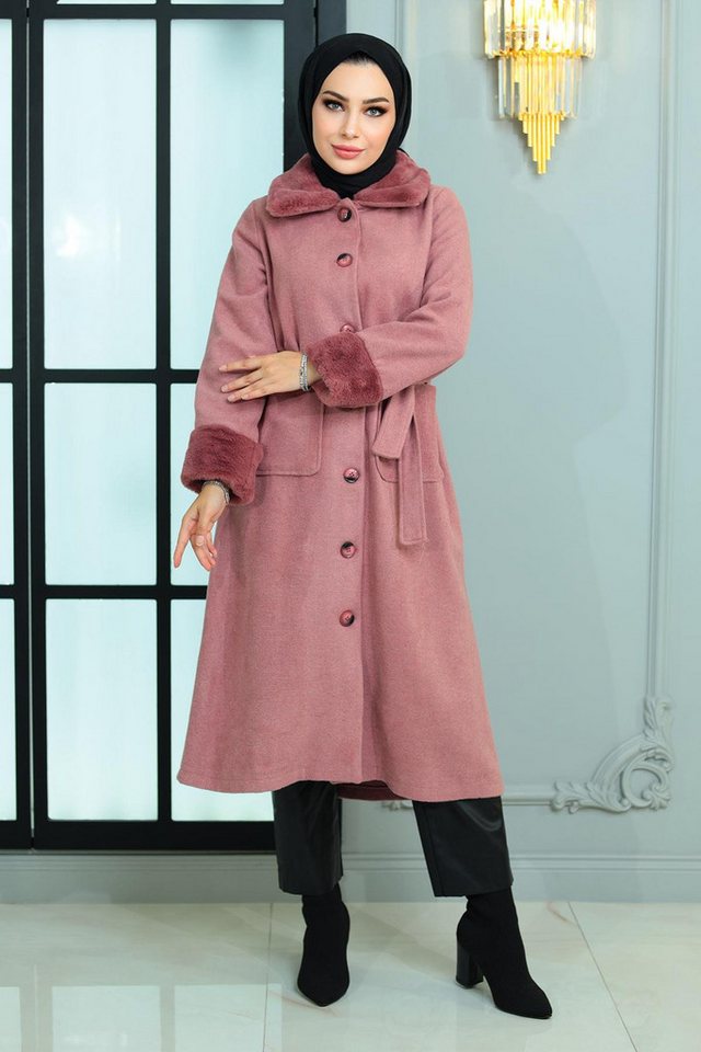 MODAMİHRAM Strickjacke Pelz Detail Wollmantel Beige 19175 von MODAMİHRAM