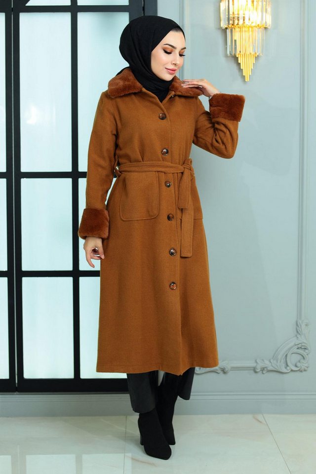 MODAMİHRAM Strickjacke Pelz Detail Wollmantel Beige 19175 von MODAMİHRAM