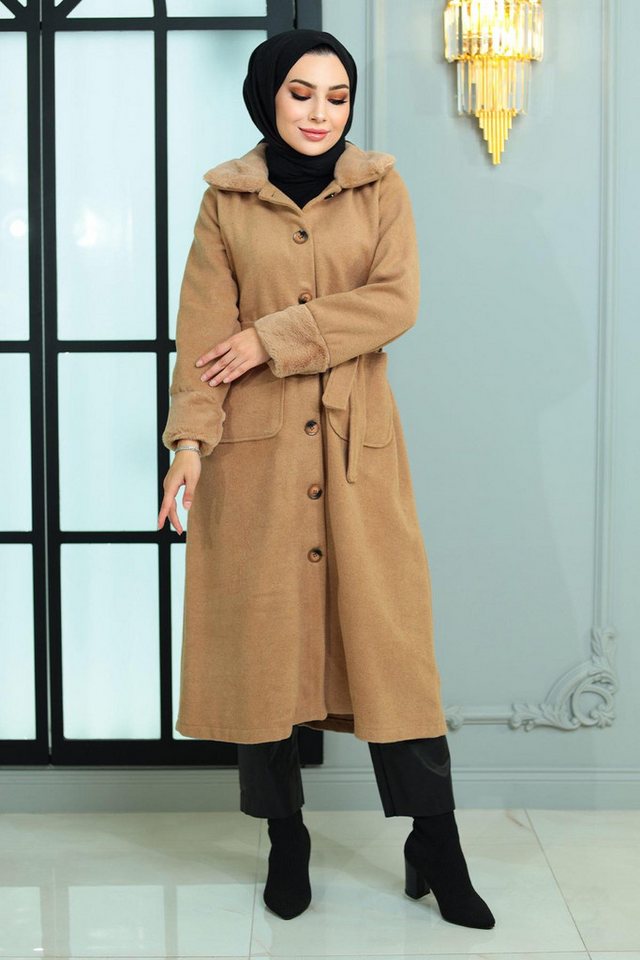 MODAMİHRAM Strickjacke Pelz Detail Wollmantel Beige 19175 von MODAMİHRAM