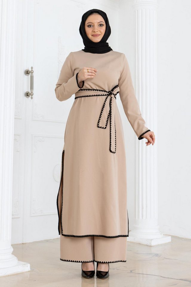 MODAMİHRAM Tunika Beige Schäferstich Gürtel Set MSW19365-5 von MODAMİHRAM