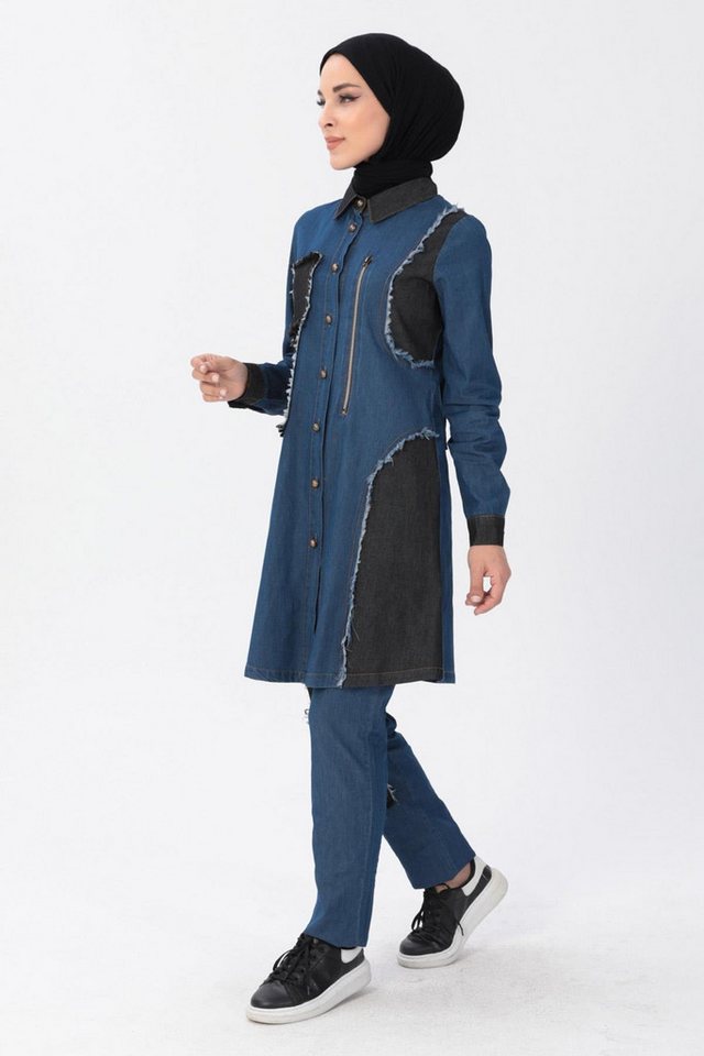 MODAMİHRAM Tunika Dunkelblaue Reißverschluss-Detail Hijab Denim Combo MSW10074-2 von MODAMİHRAM