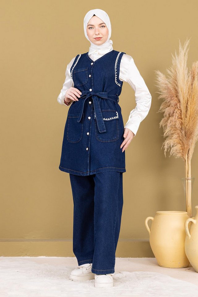 MODAMİHRAM Tunika Dunkelblaues İnci Denim Set - Detailliertes Doppel-Jeans-Kombo 19245 von MODAMİHRAM