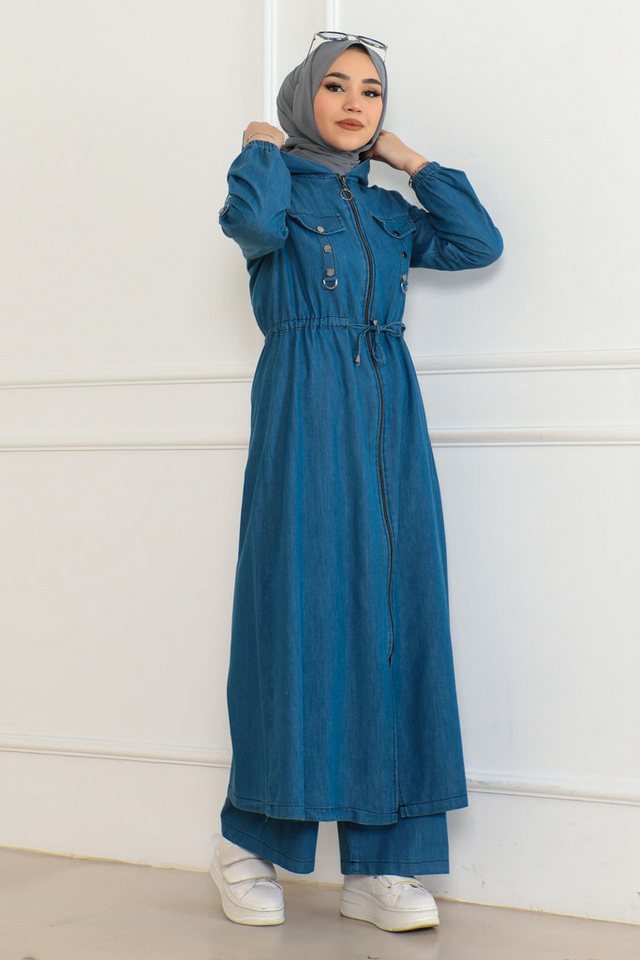 MODAMİHRAM Tunika Dunkelblaues Kapuzen-Lace-Up-Denim-Set 19235 von MODAMİHRAM