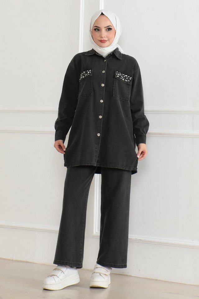 MODAMİHRAM Tunika Geknöpftes Stein-Detail Denim-Set von MODAMİHRAM