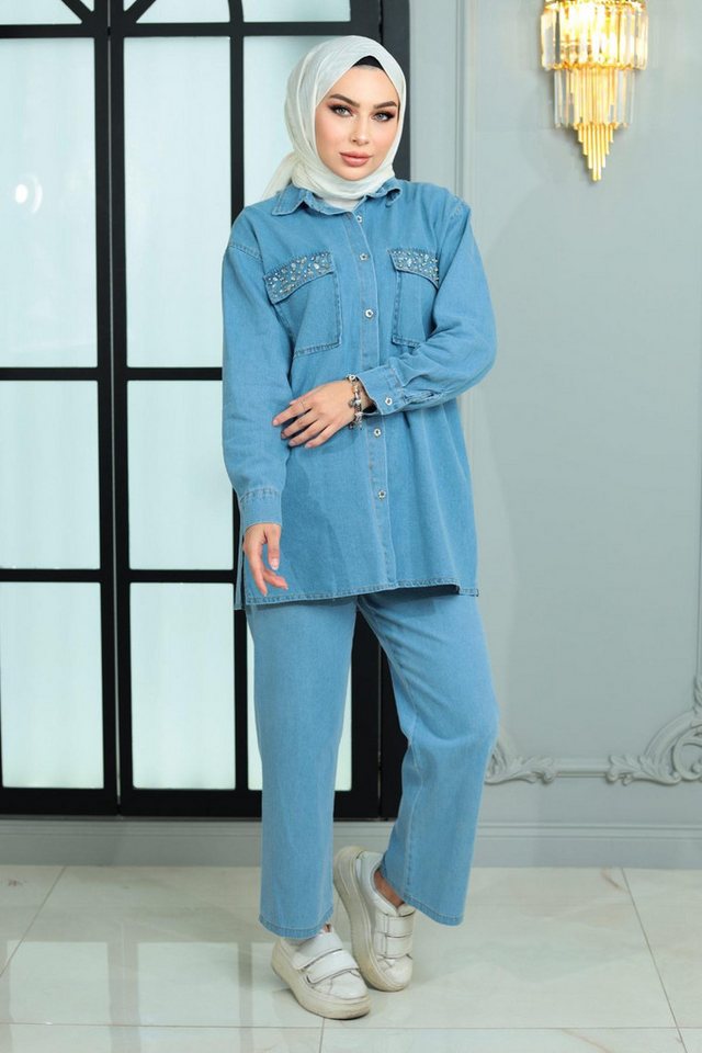 MODAMİHRAM Tunika Geknöpftes Stein-Detail Denim-Set von MODAMİHRAM