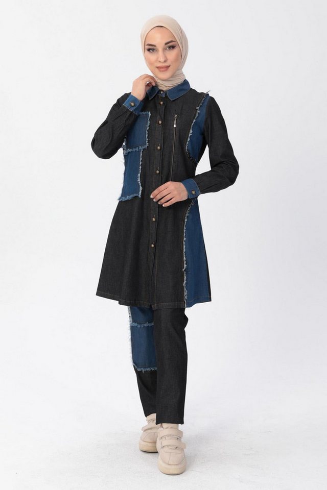 MODAMİHRAM Tunika Reißverschluss-Detail Hijab Denim Kombi Schwarz MSW10074-1 von MODAMİHRAM