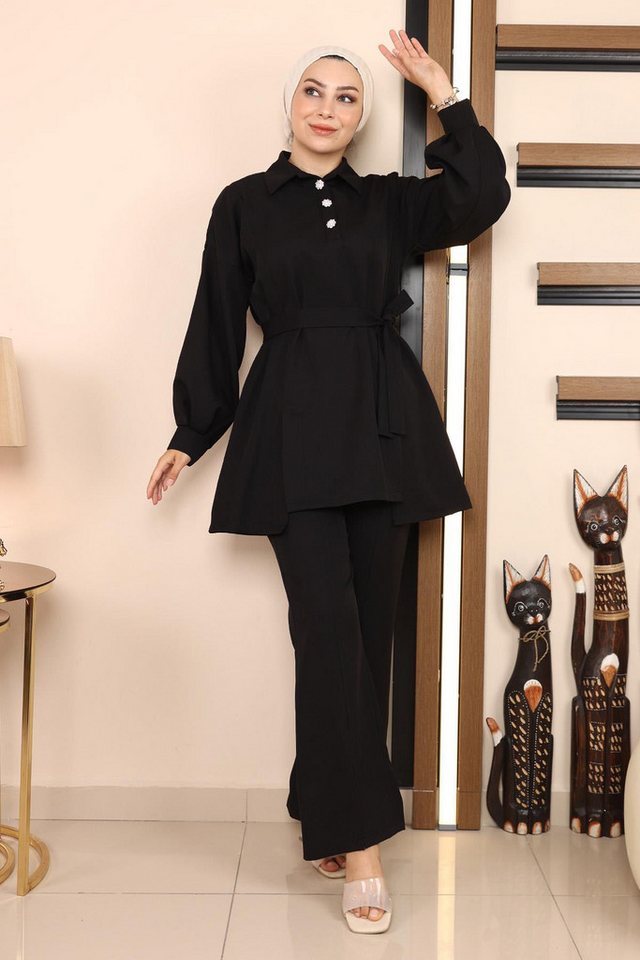MODAMİHRAM Tunika Schwarzes Set mit gespaltenem Saum MSW19129-1 von MODAMİHRAM