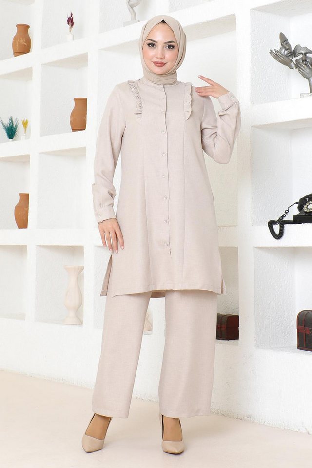 MODAMİHRAM Tunikakleid Beige Rüschen-Set - MSW19224-3 von MODAMİHRAM