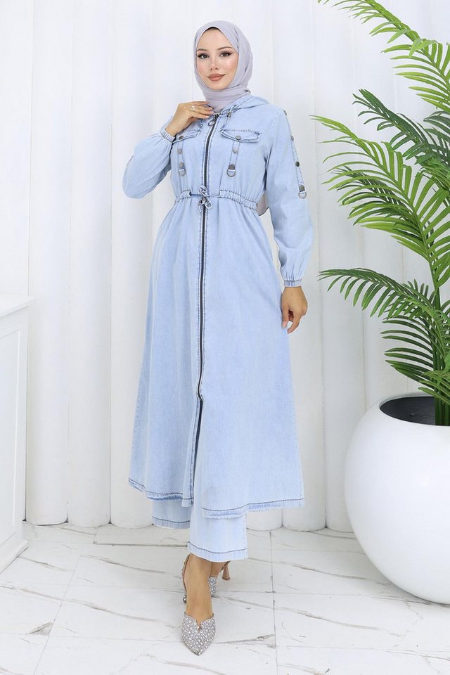 MODAMİHRAM Tunikakleid Dunkelblaues Kapuzen-Lace-Up-Denim-Set 19235 von MODAMİHRAM