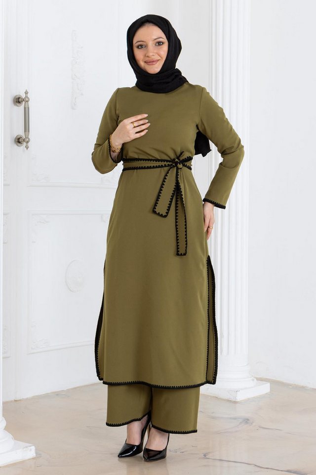 MODAMİHRAM Tunikakleid Grüner Schäfer Gesticktes Gürtel Set MSW19365-4 von MODAMİHRAM