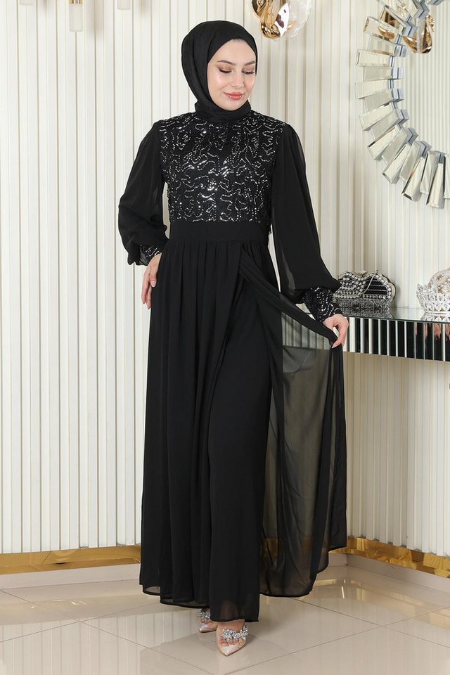 MODAMİHRAM Tunikakleid Schwarzes Chiffon-Set mit Perlenverzierungen - MSW19190-1 von MODAMİHRAM