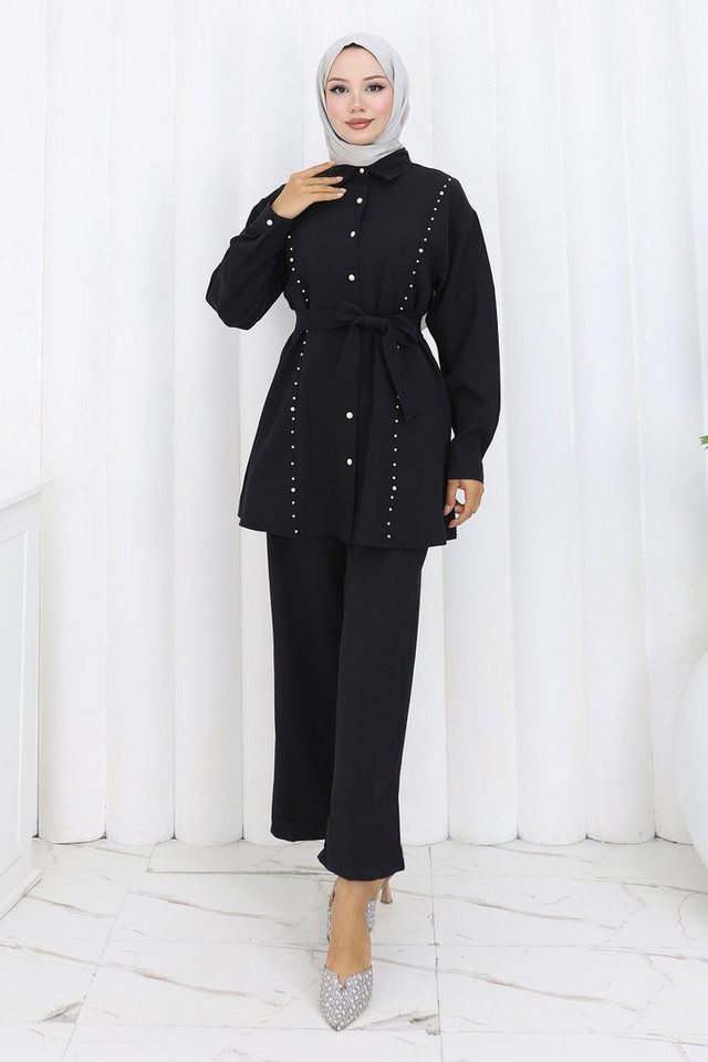 MODAMİHRAM Tunikakleid Schwarzes Doppel-Schnallen-Set mit Perlenakzenten - 19265 von MODAMİHRAM