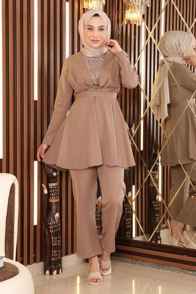 MODAMİHRAM Tunikakleid Stein-Detail Gürtel-Set in Mink MSW19122-4 von MODAMİHRAM