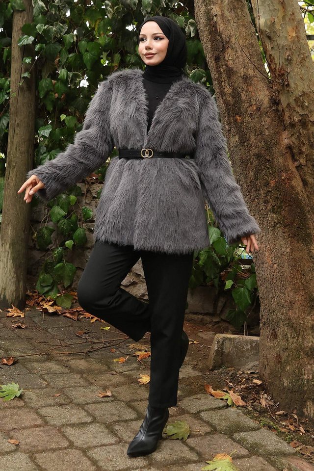 MODAMİHRAM Winterjacke Schwarze Jacke mit Pelzbesatz und Gürtel - 19278 von MODAMİHRAM