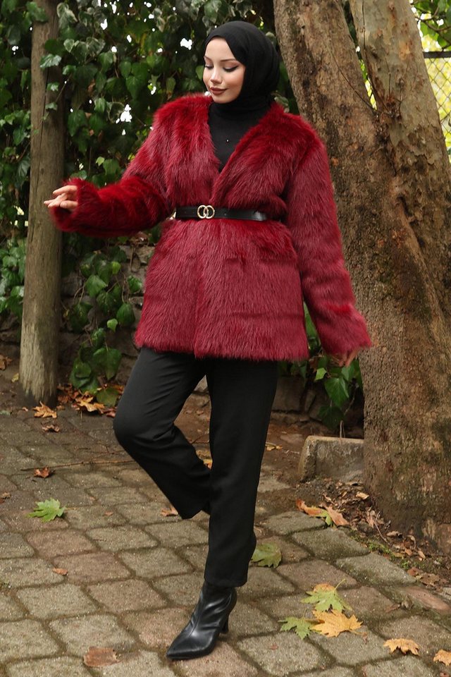 MODAMİHRAM Winterjacke Schwarze Jacke mit Pelzbesatz und Gürtel - 19278 von MODAMİHRAM