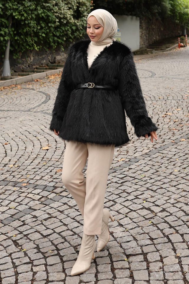 MODAMİHRAM Winterjacke Schwarze Jacke mit Pelzbesatz und Gürtel - 19278 von MODAMİHRAM