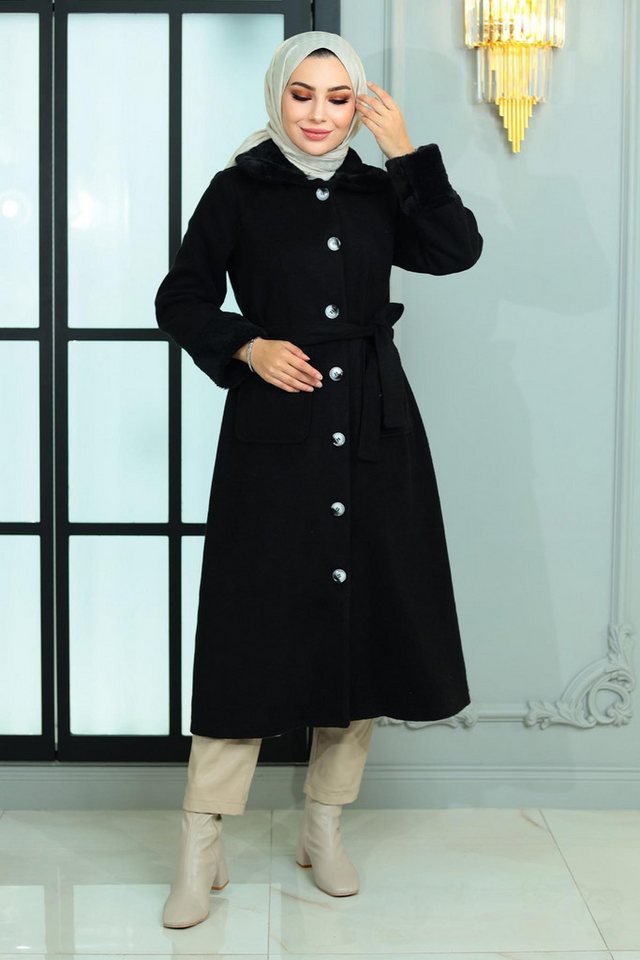 MODAMİHRAM Wintermantel Pelz Detail Wollmantel Beige 19175 von MODAMİHRAM