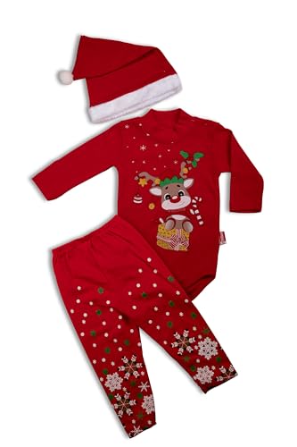 MODAMİT Weihnachts Baby Set, Unisex, Frohe Weihnachten, Langarm, Bodys Outfit, Strampler Pyjama, Snapsuit 6-9 Monate von MODAMİT