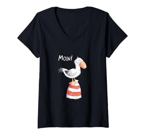 Damen Moin Spruch I Nordsee Leuchtturm mit Möwe Fun T-Shirt mit V-Ausschnitt von MODARTIS