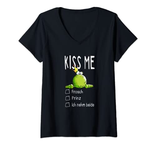 Damen Lustiges Kiss Me Frosch Prinz T Shirt Single Funshirt Kuss T-Shirt mit V-Ausschnitt von MODARTIS - Lustige Frösche T-Shirts & Geschenke