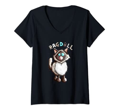 Damen Happy Ragdoll Katze T Shirt für Katzenfreunde I Katzenmotiv T-Shirt mit V-Ausschnitt von MODARTIS - Lustige Katzen T-Shirts & Geschenke