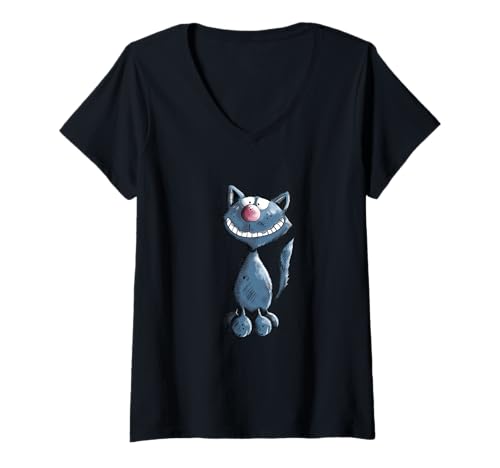 Damen Lachende Grinsende Katze Cartoon I Katzenmotiv Katzenfreund T-Shirt mit V-Ausschnitt von MODARTIS