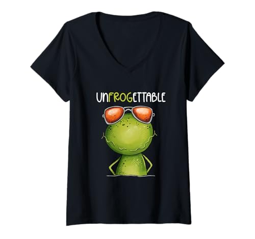 Damen Cooler Frosch Mit Brille Cartoon Unfrogettable Statement Fun T-Shirt mit V-Ausschnitt von MODARTIS