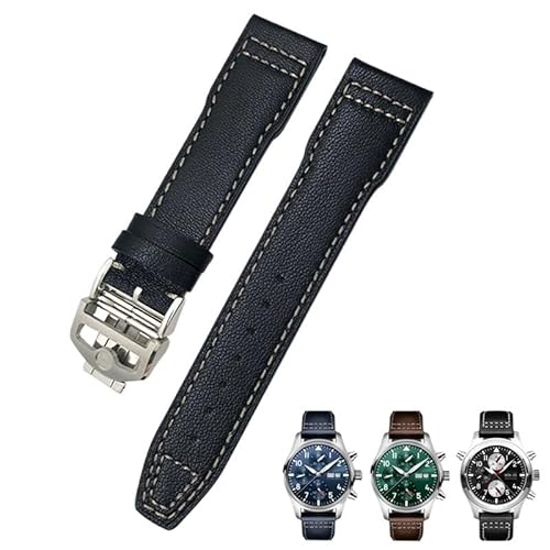 MODBAND 21 mm 20 mm Rindsleder-Armband, passend für IWC-Fliegeruhren, Portugieser-Armbänder, blaues Uhrenarmband-Zubehör, Herren-Werkzeug (Color : Black white Folding, Size : 20mm) von MODBAND