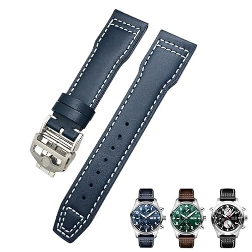 MODBAND 21 mm 20 mm Rindsleder-Armband, passend für IWC-Fliegeruhren, Portugieser-Armbänder, blaues Uhrenarmband-Zubehör, Herren-Werkzeug (Color : Blue white Folding, Size : 20mm) von MODBAND