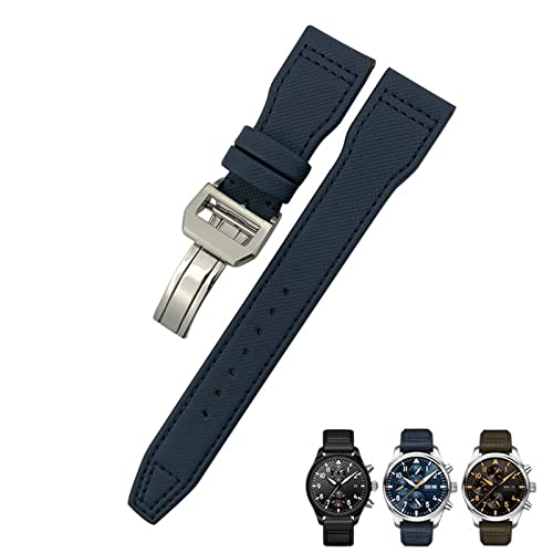 MODBAND 22 mm 21 mm 20 mm Nylon-Kalbsleder-Uhrenarmband, passend für IWC Big Pilot IW377714 Mark18 SPITFIRE, Nylon-Echtlederarmband(Blue Blue line 1,21mm) von MODBAND