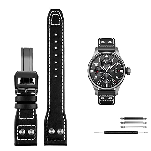 MODBAND Echte Ledernieten Uhrenband für Iwc Big Pilot Spitfire Cowhide Faltschnalle Watch Männer Riemen 21mm 22 mm(Black black clasp,22mm) von MODBAND