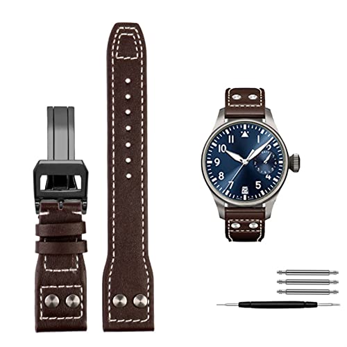 MODBAND Echte Ledernieten Uhrenband für Iwc Big Pilot Spitfire Cowhide Faltschnalle Watch Männer Riemen 21mm 22 mm(Brown black calsp,21mm) von MODBAND