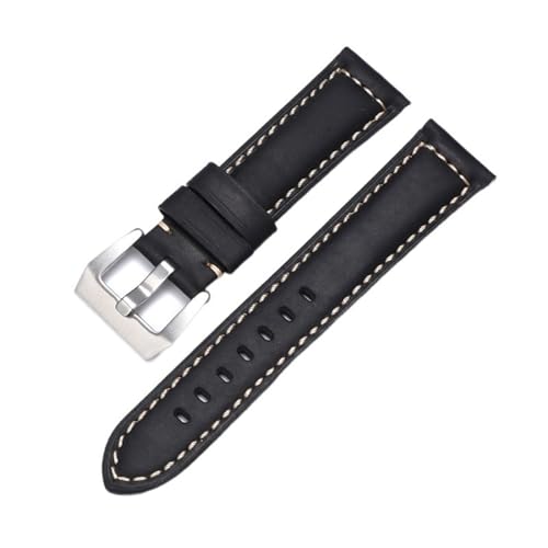 MODBAND Echtes Leder Uhrenarmband für Panerai Rindsleder Crazy Horse Armband Herren Armband Glattes Armband 20mm 22mm 24mm 26mm (Color : Black-Silver, Size : 20mm) von MODBAND