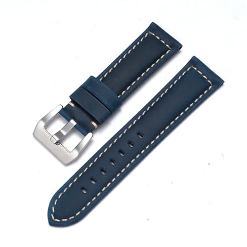 MODBAND Echtes Leder Uhrenarmband für Panerai Rindsleder Crazy Horse Armband Herren Armband Glattes Armband 20mm 22mm 24mm 26mm (Color : Blue-Silver, Size : 20mm) von MODBAND