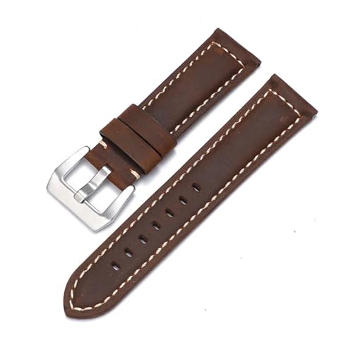 MODBAND Echtes Leder Uhrenarmband für Panerai Rindsleder Crazy Horse Armband Herren Armband Glattes Armband 20mm 22mm 24mm 26mm (Color : Dark Brown-Silver, Size : 22mm) von MODBAND