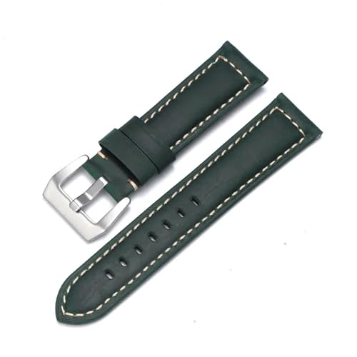 MODBAND Echtes Leder Uhrenarmband für Panerai Rindsleder Crazy Horse Armband Herren Armband Glattes Armband 20mm 22mm 24mm 26mm (Color : Green-Silver, Size : 20mm) von MODBAND