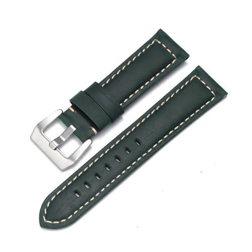 MODBAND Echtes Leder Uhrenarmband für Panerai Rindsleder Crazy Horse Armband Herren Armband Glattes Armband 20mm 22mm 24mm 26mm (Color : Green-Silver, Size : 26mm) von MODBAND