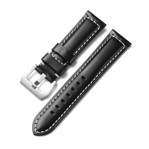 MODBAND Echtes Leder Uhrenarmband für Panerai Rindsleder Crazy Horse Armband Herren Armband Glattes Armband 20mm 22mm 24mm 26mm (Color : SmoothBlack-Silver, Size : 20mm) von MODBAND