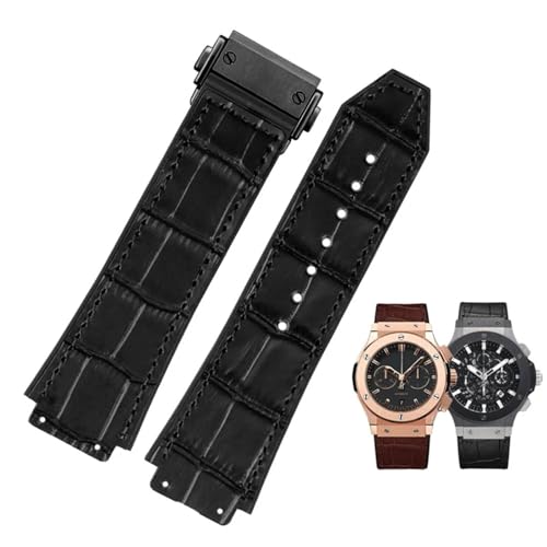 MODBAND Neues echtes Rindsleder-Gummi-Braun-Schwarz-Uhrenarmband 26 * 19 mm für Hublot-Armband BIG BANG-Uhrenarmband mit rostfreier Schnalle (Color : Black black, Size : 26-19mm) von MODBAND