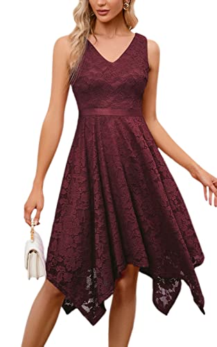 MODECRUSH Damen Floral Spitze Taschentuchsaum Asymmetrisches Cocktail Abendkleid Ärmellos Hochzeit Brautjungfernkleid von MODECRUSH