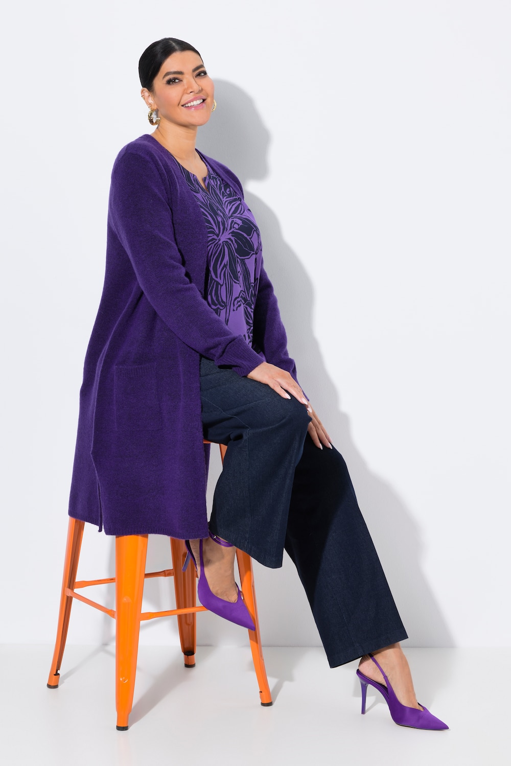 Große Größen Long-Strickjacke, Damen, lila, Größe: 54/56, Polyester/Synthetische Fasern, Ulla Popken von MODERN VIEW